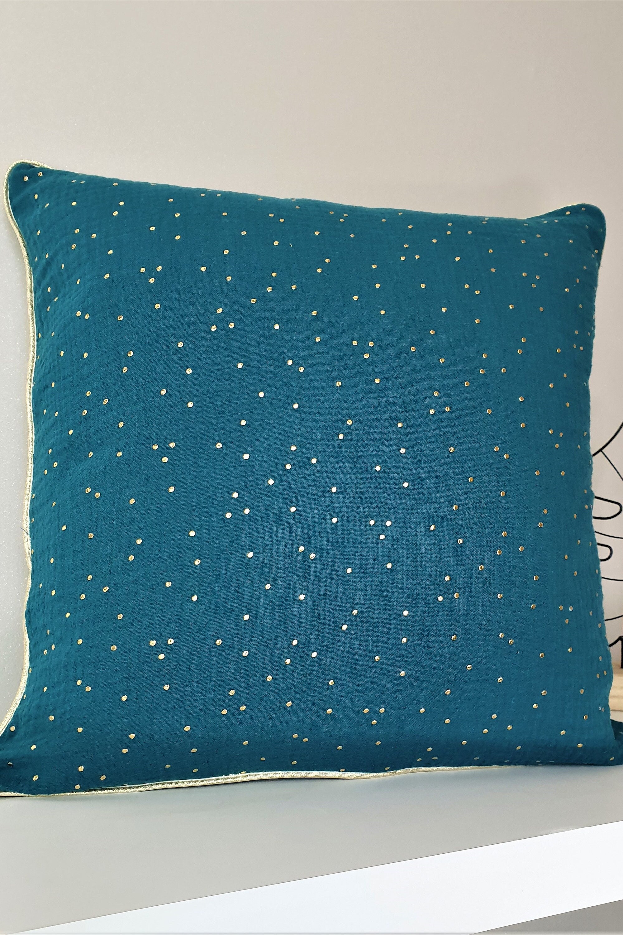 Housse de Coussin Double Gaze Bleu Canard Pois Dorés