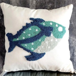 Punch Needle Pillow, Punch Needle Pillow Cover, Handmade Pillow Cover, Handmade Pillow Case, Fish Pillow Case. Blue