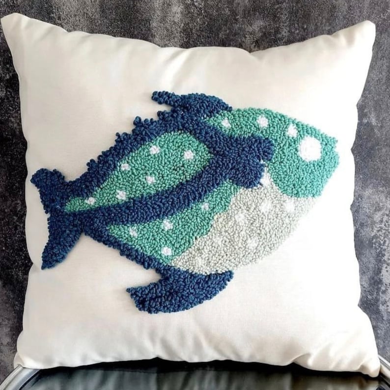 Punch Needle Pillow, Punch Needle Pillow Cover, Handmade Pillow Cover, Handmade Pillow Case, Fish Pillow Case. Blue