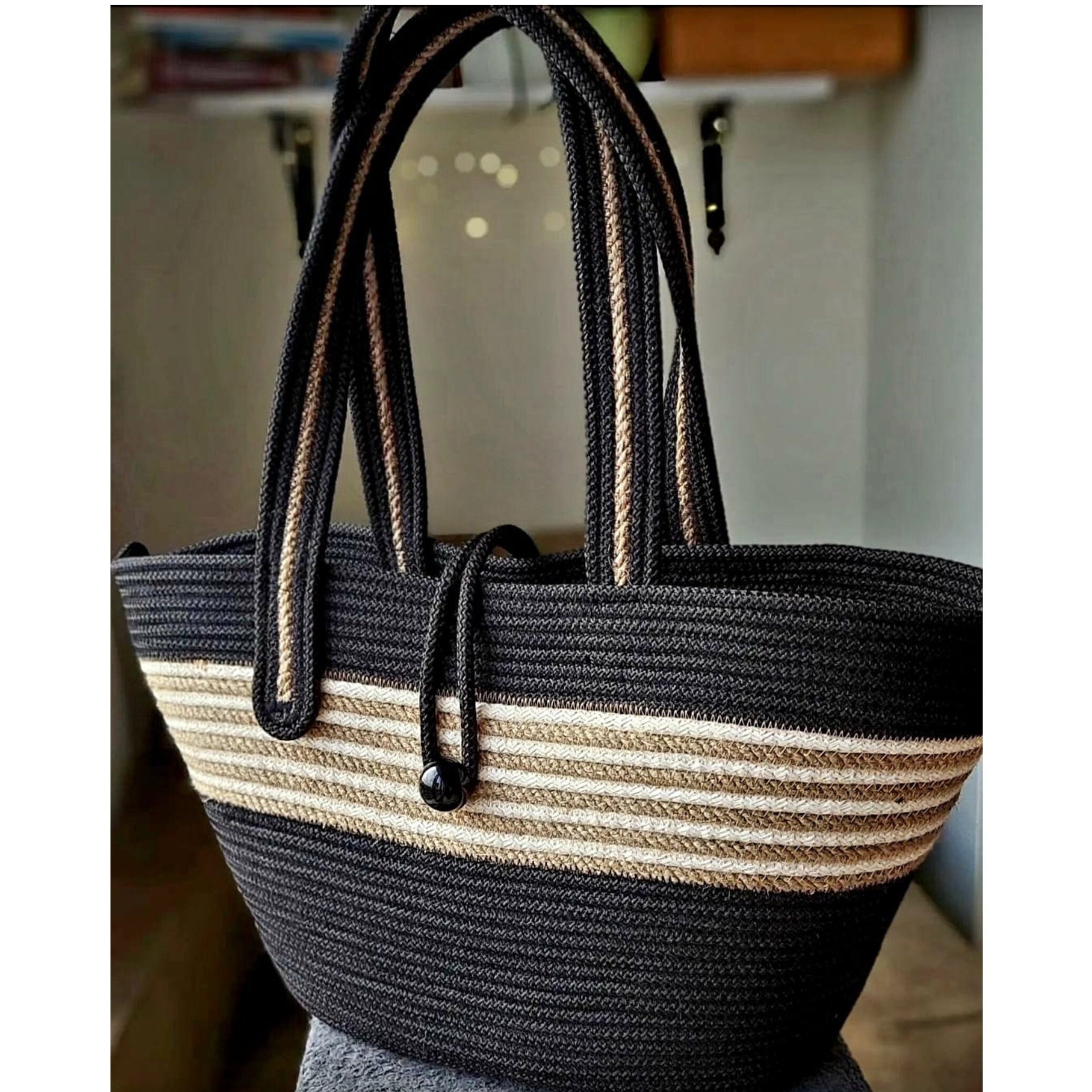 Cotton Cord Rope Bag, Woven Rope Shoulder Tote Bag, Beige Cotton Cord Rope  Bag 