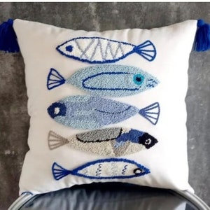 Punch Needle Pillow, Punch Needle Pillow Cover, Handmade Pillow Cover, Handmade Pillow Case, Fish Pillow Case. Indigo