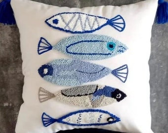 Punch Needle Pillow, Punch Needle Pillow Cover, Handmade Pillow Cover, Handmade Pillow Case, Fish Pillow Case.