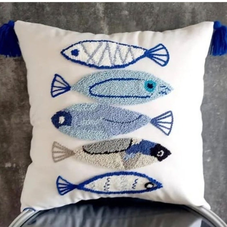 Punch Needle Pillow, Punch Needle Pillow Cover, Handmade Pillow Cover, Handmade Pillow Case, Fish Pillow Case. Indigo