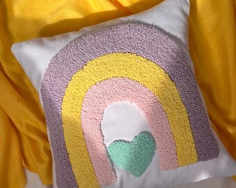 Punch Needle Pillow, Punch Needle Pillow Cover, Handmade Pillow Cover, Handmade Pillow Case, Rainbow and Flower  Pillow Case.