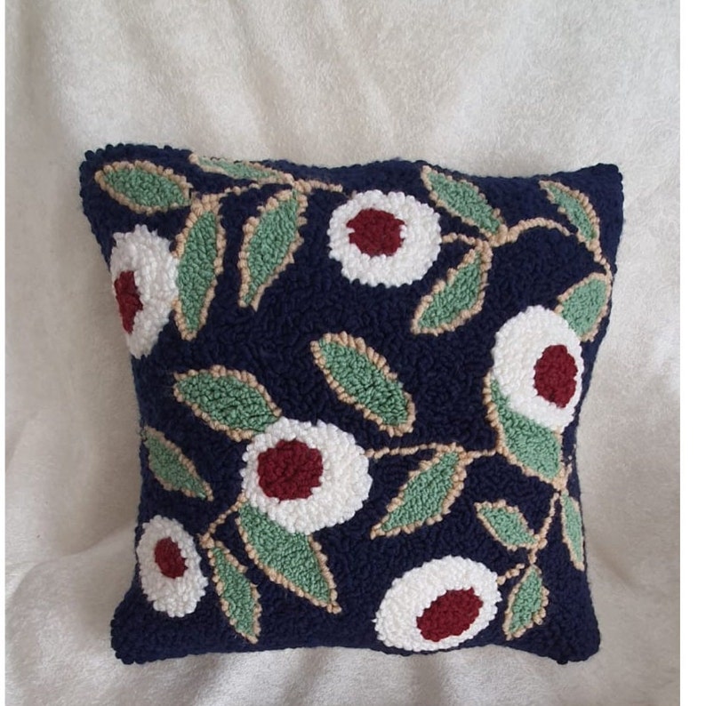 Punch Needle Pillow, Punch Needle Pillow Cover, Handmade Pillow Cover, Handmade Pillow Case, Navy Blue Flower Pillow Case. image 3