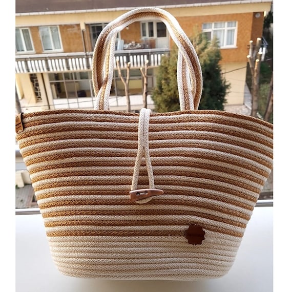 Cotton Cord Rope Bag, Woven Rope Shoulder Tote Bag, Beige Cotton Cord Rope  Bag 