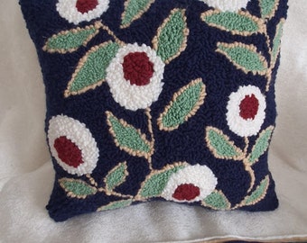 Punch Needle Pillow, Punch Needle Pillow Cover, Handmade Pillow Cover, Handmade Pillow Case, Navy Blue Flower Pillow Case.