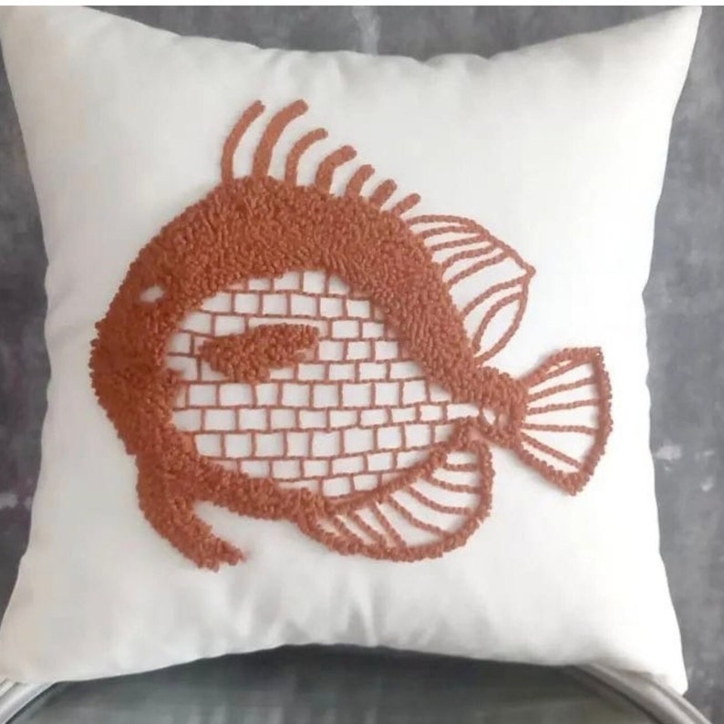 Punch Needle Pillow, Punch Needle Pillow Cover, Handmade Pillow Cover, Handmade Pillow Case, Fish Pillow Case. Brown