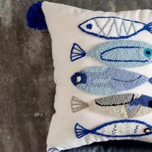Punch Needle Pillow, Punch Needle Pillow Cover, Handmade Pillow Cover, Handmade Pillow Case, Fish Pillow Case. image 4
