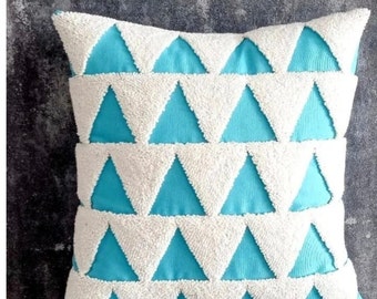 Punch Needle Pillow, Punch Needle Pillow Cover, Handmade Pillow Cover, Handmade Pillow Case, Turquoise Geo Pillow Case.