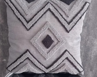 Punch Needle Pillow, Punch Needle Pillow Cover, Handmade Pillow Cover, Handmade Pillow Case, Gray Geo Pillow Case.