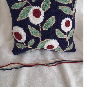 Punch Needle Pillow, Punch Needle Pillow Cover, Handmade Pillow Cover, Handmade Pillow Case, Navy Blue Flower Pillow Case. image 5