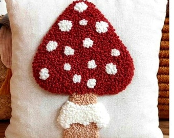 Punch Needle Pillow, Punch Needle Pillow Cover, Handmade Pillow Cover, Handmade Pillow Case, Red Mushroom Pillow Case