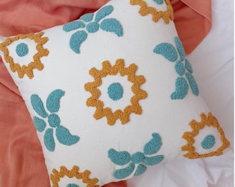 Punch Needle Pillow, Punch Needle Pillow Cover, Handmade Pillow Cover, Handmade Pillow Case, Blue Flower Pillow Case.