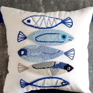 Punch Needle Pillow, Punch Needle Pillow Cover, Handmade Pillow Cover, Handmade Pillow Case, Fish Pillow Case. image 2
