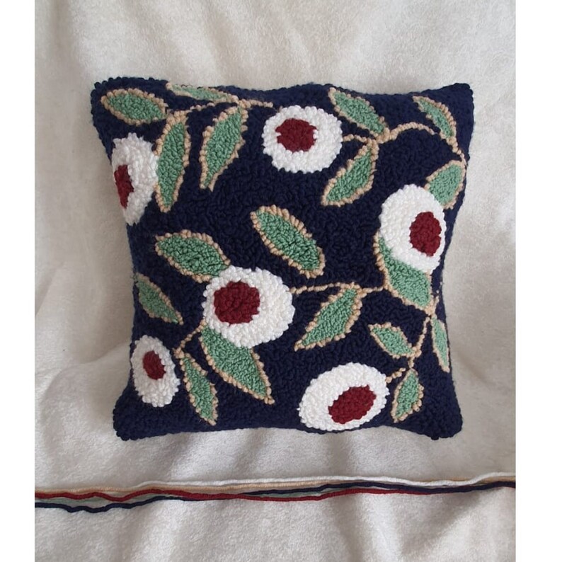 Punch Needle Pillow, Punch Needle Pillow Cover, Handmade Pillow Cover, Handmade Pillow Case, Navy Blue Flower Pillow Case. image 2