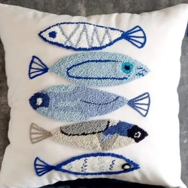 Punch Needle Pillow, Punch Needle Pillow Cover, Handmade Pillow Cover, Handmade Pillow Case, Fish Pillow Case. image 3