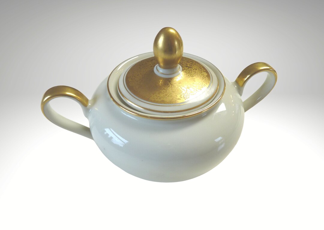Antique Sugar Bowl, Vintage Sugar Bowl, Ivory Colored With Gold Sugar