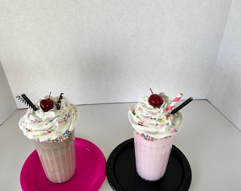 Faux Chocolate shake with whipped topping, Faux Strawberry shake with whipped topping, Fake chocolate shake with whipped cream, Tiered tray.