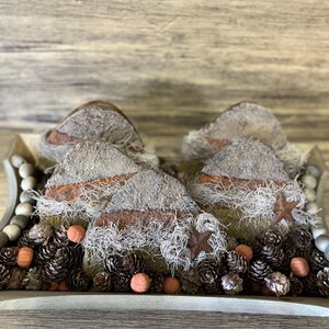 Primitive Faux Candy Corn in Wooden Dough Bowl, Centerpiece, Rustic decor, Decorations, Coffee table, Dining table, Pine cones, Wood beads.