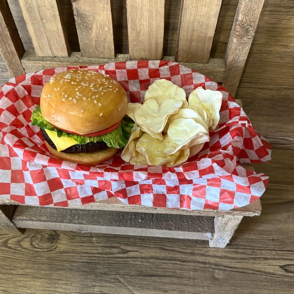 Faux Cheeseburger and Chips, Faux Hamburger and Potato Crisps, Restaurant Photo Prop, Burger Basket, Sesame Seed Bun, Picnic Basket.