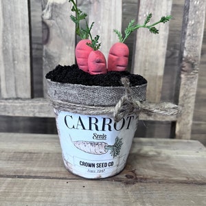 May include: A small white ceramic pot with a brown burlap fabric covering the top. The pot has a label that says "Carrot Seeds Crown Seed Co. Since 1947". There are three small red carrots with green tops coming out of the soil in the pot.