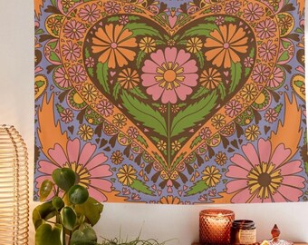 Floral Heart Wall hanging Tapestry,  Retro Wall Tapestry, psychedelic Tapestry Hanging, Wall Hanging Decor