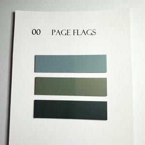 May include: Three rectangular page flags in shades of blue, green, and dark green are displayed on a white background. The text "00 PAGE FLAGS" is printed above the flags. The flags are likely used for marking pages in books or documents.