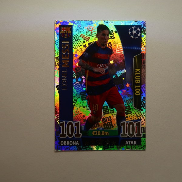 Lionel Messi FC Barcelona. Club 100. Champions League 2015-16. Collectible card. Topps Match Attax. Trading card game. Silver refractor card