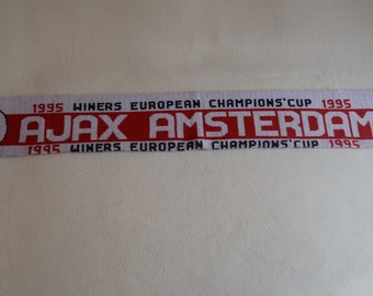 Vintage collectible scarf from the 90s. Ajax Amsterdam 1995 Winners European Champions' Cup. Red white color. Size 135×16 cm. Gift for a fan