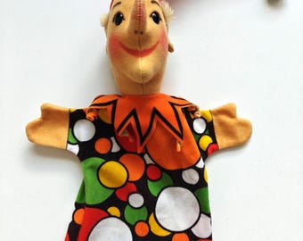 Vintage Steiff Kasperle Hand Puppet 7051/28 1980s, German Jester Cloth Puppet Theater with Button Tags, Rare Collectible Steiff Toy Gift