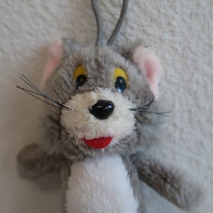 Cat Tom plush toy. Gray and white. 22 cm tall.  Made in 1967. Collectible soft toy. Cartoon character. Cat stuffed animal. Gift for a child.