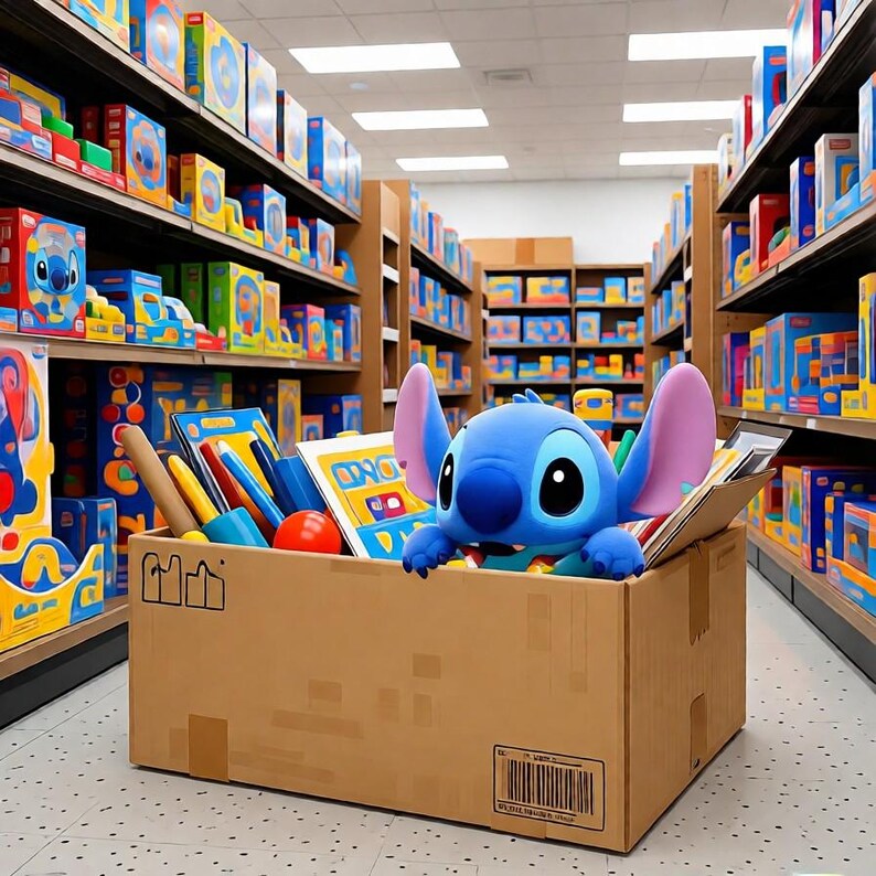 May include: A cardboard box filled with toys and a blue cartoon character with large ears. The box is in a store aisle with shelves of colorful boxes. The character is peeking over the edge of the box.