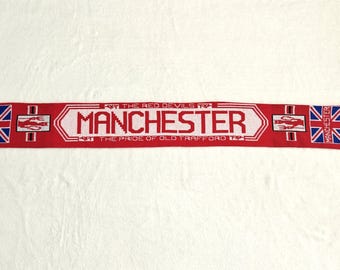 Manchester United Vintage Scarf — 1990s Red Devils Fan Scarf, Made in UK, Union Jack Design, Old Trafford Pride, Collectible, Bar Decor