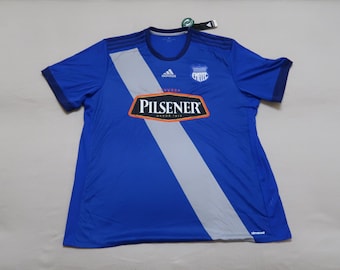 Maglia vintage Emelec FC 2XL — Maglia da calcio Adidas 2017 Home, strisce blu e grigie, logo Pilsener, campione dell'Ecuador, abbigliamento per tifosi da collezione