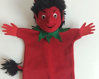 Vintage 1980s Steiff Devil Hand Puppet — Button in Ear, Made in West Germany, Collectible Toy, Red Felt, 32 cm