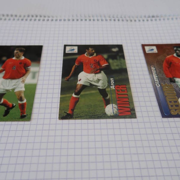 cartes à collectionner Panini vintage. Coupe du monde de football 1998 en France. L'équipe des Pays-Bas. Clarence Seedorf, Frank de Boer, Aron Winter.