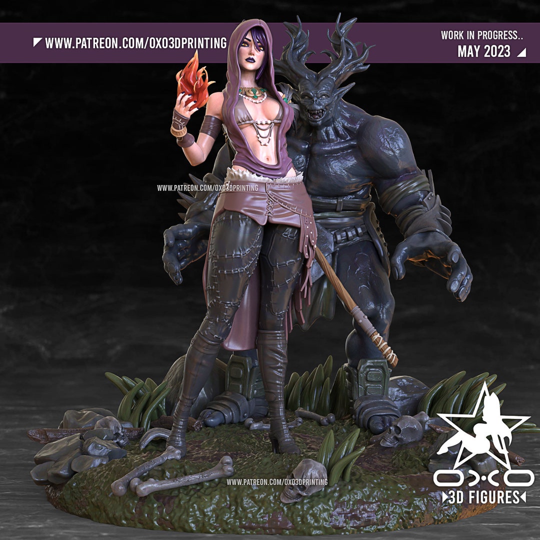 Morrigan and Ogre Pin up Statue & Miniature OXO3D Printing DND RPG Fantasy Tabletop Games