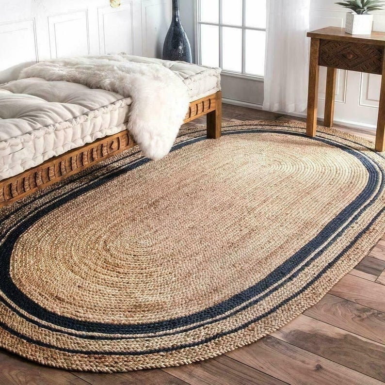 OVAL AND ROUND JUTE AREA RUGS By EARTH RUGS-BLUE/NATURAL MANY SIZES 