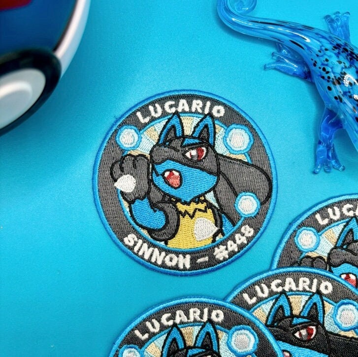 Mega Lucario - Iron on patch - Shiny Metallic Embroidered. Pokemon patch.