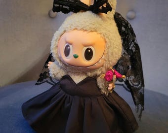 Labubu Goth Wedding Dress Set: Black Doll Gown, Petticoat, Veil, Bouquet