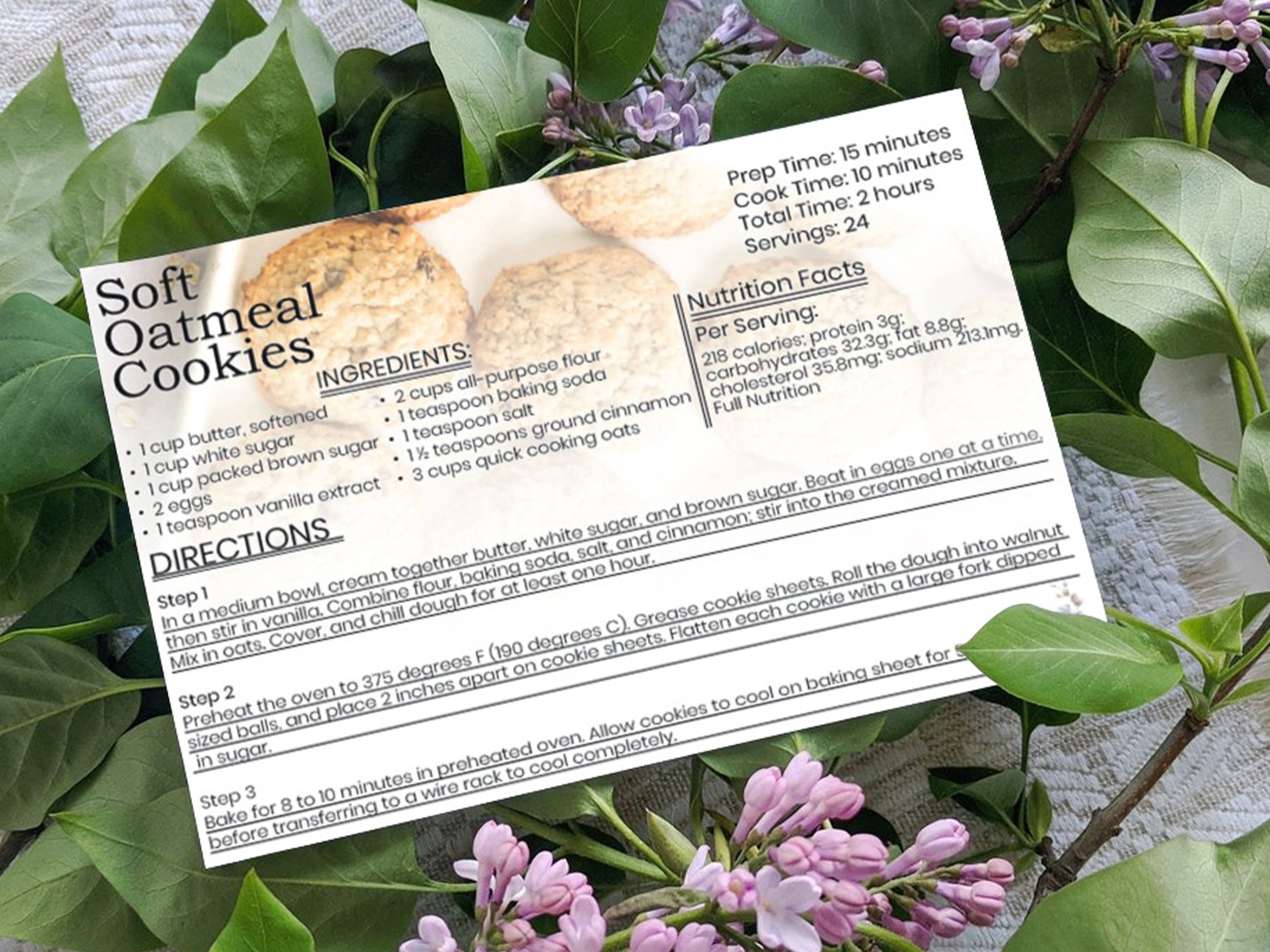 Soft Oatmeal Cookie Recipe Card Template Oatmeal Cookie - Etsy