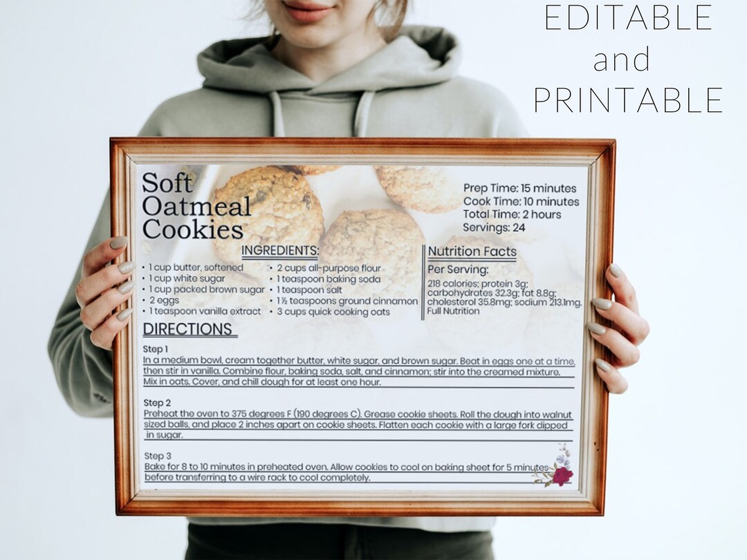 Soft Oatmeal Cookie Recipe Card Template Oatmeal Cookie - Etsy