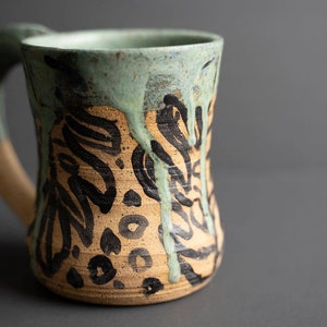 Handmade Ceramic Mug Tropical Green Monstera Plant Theme Drip Glaze image 3