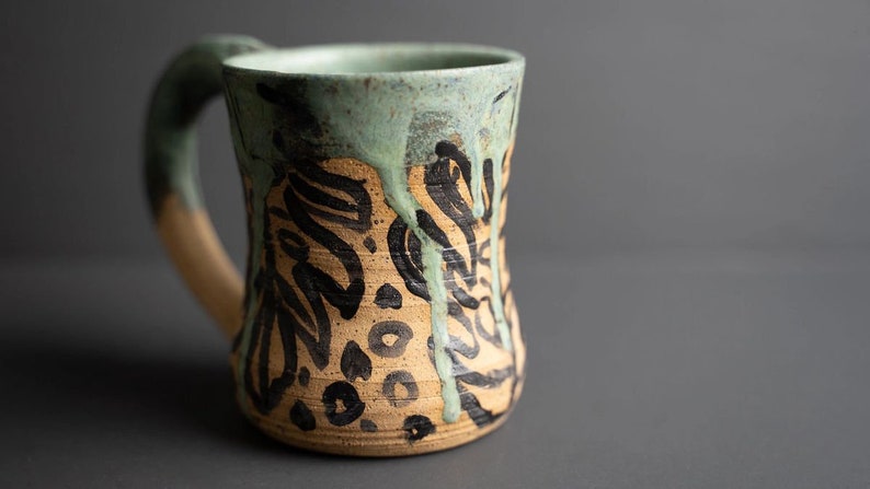 Handmade Ceramic Mug Tropical Green Monstera Plant Theme Drip Glaze image 3