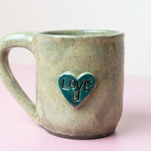 Handmade Ceramic Mug Blue and Green Heart, I Love You Mug image 1