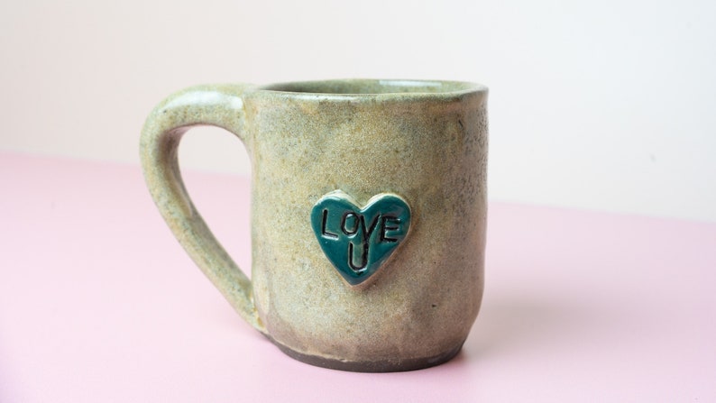 Handmade Ceramic Mug Blue and Green Heart, I Love You Mug image 1