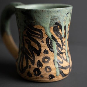 Handmade Ceramic Mug Tropical Green Monstera Plant Theme Drip Glaze image 4