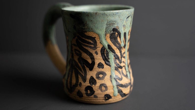 Handmade Ceramic Mug Tropical Green Monstera Plant Theme Drip Glaze image 4
