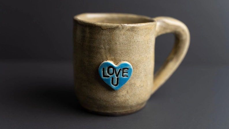 Handmade Ceramic Mug Blue and Green Heart, I Love You Mug image 3